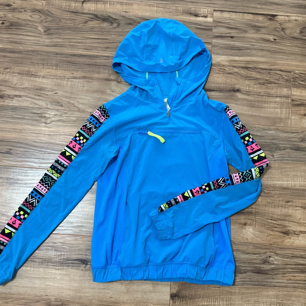 Ivivva Blue Hooded Sweater with Colorful Patterned Sleeves